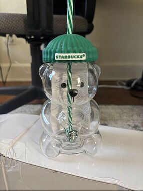 Starbucks Clear Bear Tumbler with Green Beanie and Striped Straw